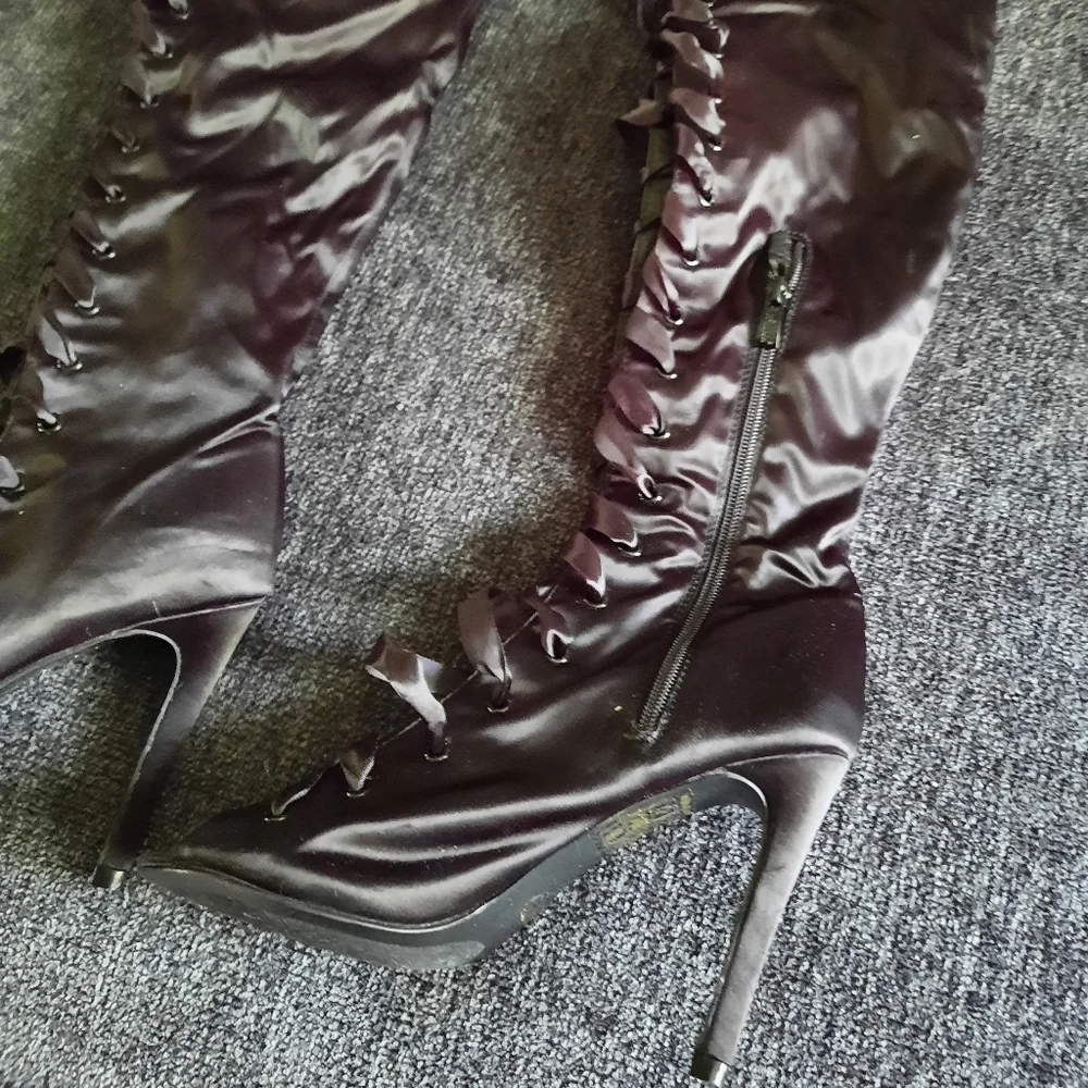 Black Lace-Up Over-the-Knee Stiletto Boots - Women
